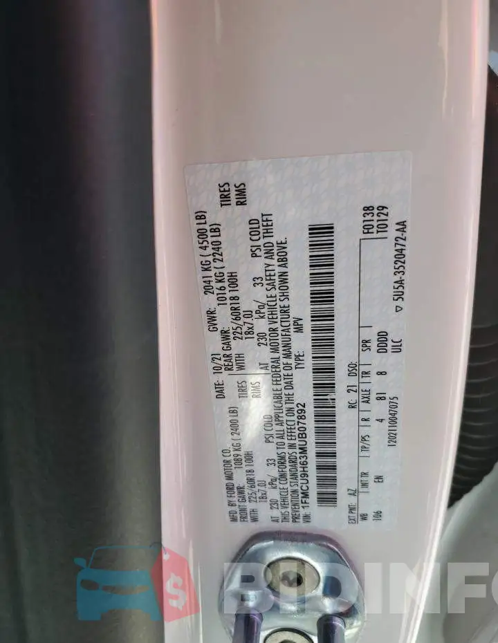 1FMCU9H63MUB07892 Photo# 13