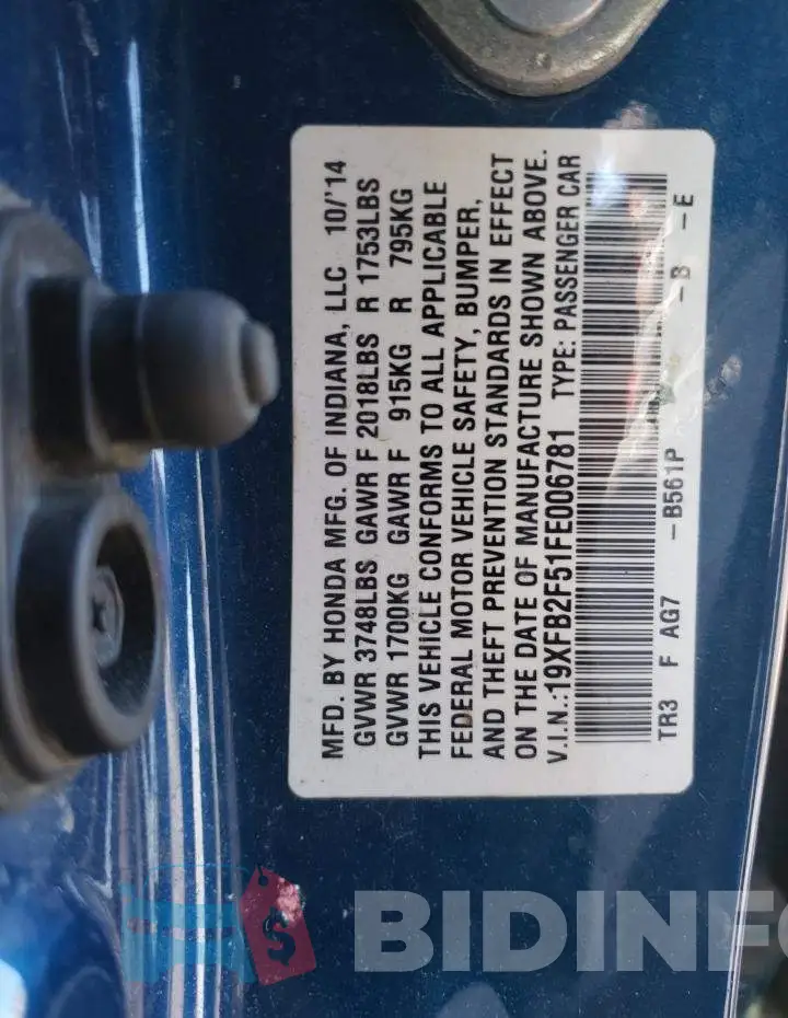 19XFB2F51FE006781 Photo# 10