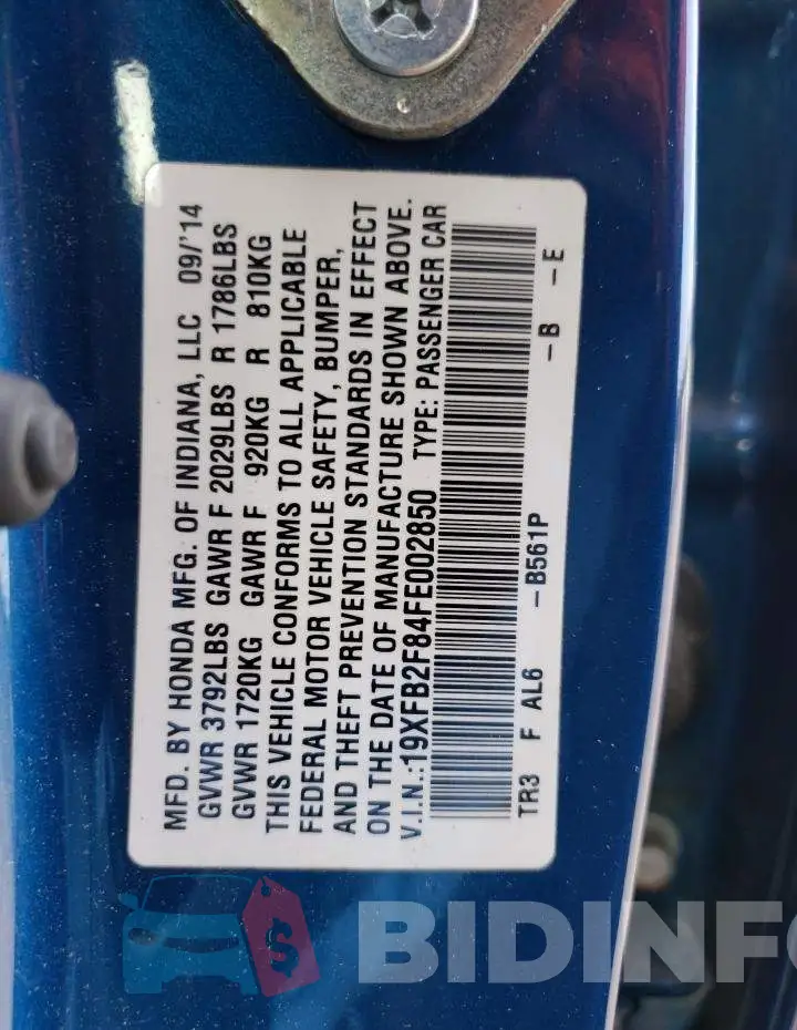 19XFB2F84FE002850 Photo# 12