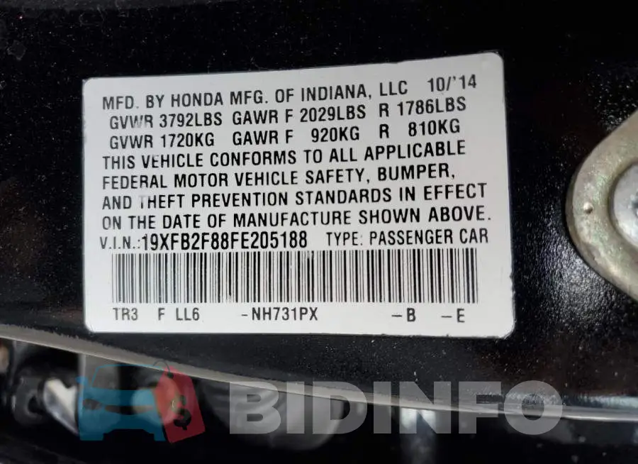 19XFB2F88FE205188 Photo# 12