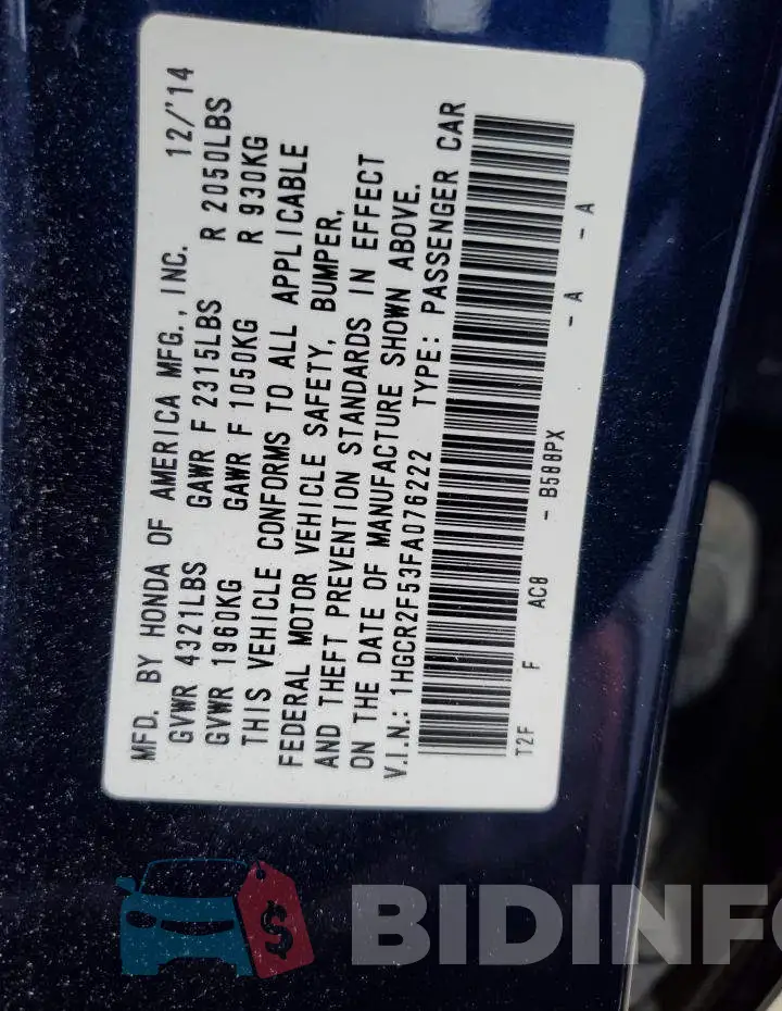 1HGCR2F53FA076222 Photo# 12