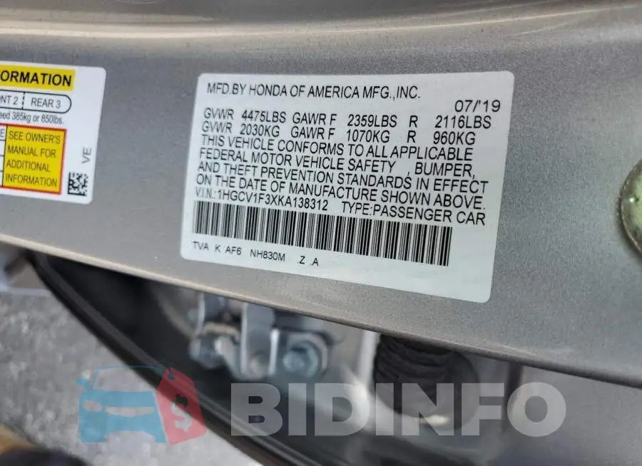 1HGCV1F3XKA138312 Photo# 12