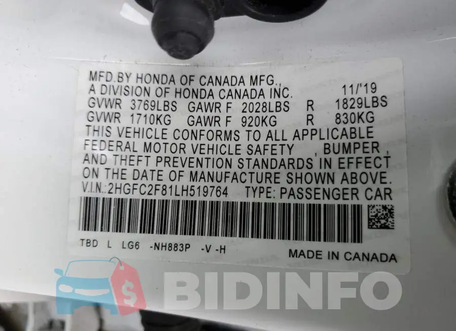 2HGFC2F81LH519764 Photo# 12