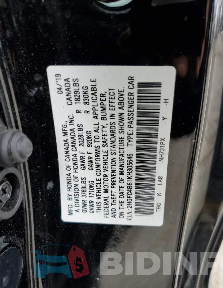 2HGFC4B61KH305646 Photo# 12