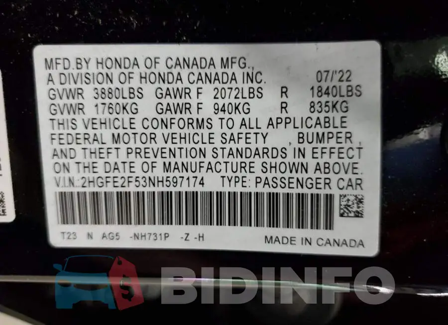 2HGFE2F53NH597174 Photo# 13