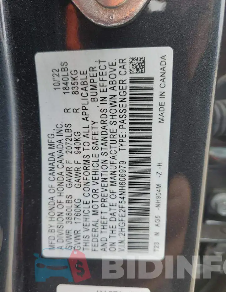 2HGFE2F54NH606979 Photo# 12