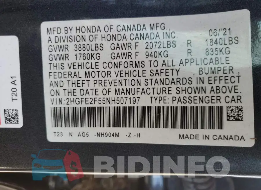 2HGFE2F55NH507197 Photo# 12
