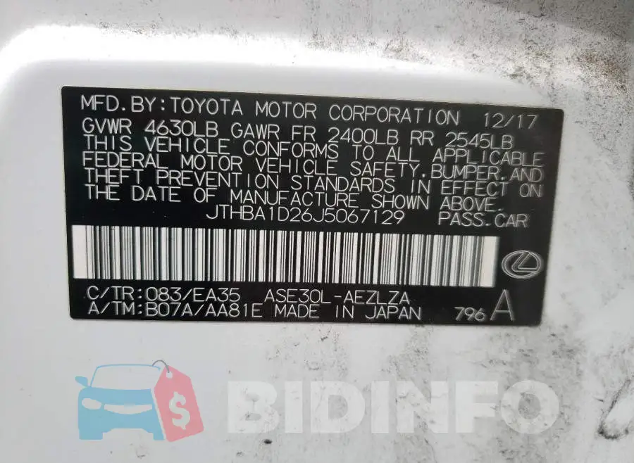 JTHBA1D26J5067129 Photo# 10
