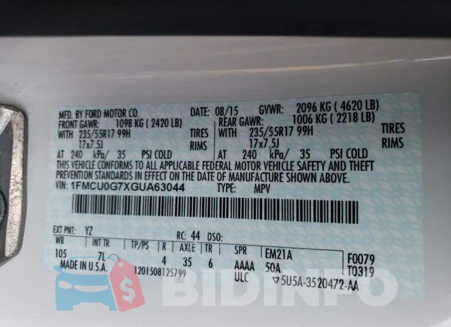 1FMCU0G7XGUA63044 Photo# 13