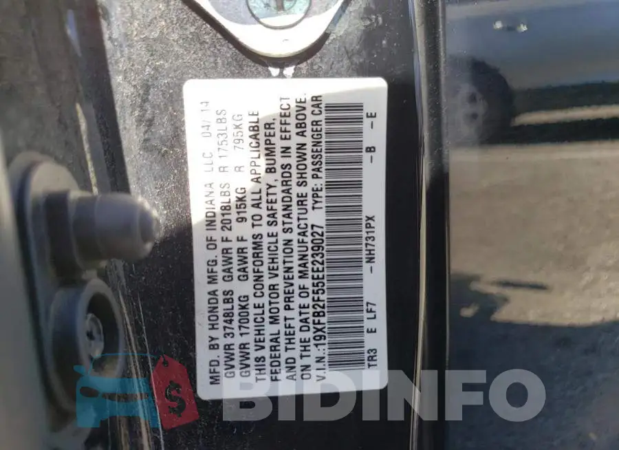19XFB2F55EE239027 Photo# 12