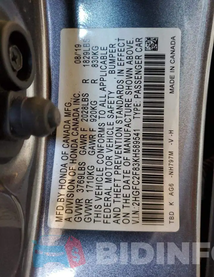 2HGFC2F83KH589541 Photo# 12