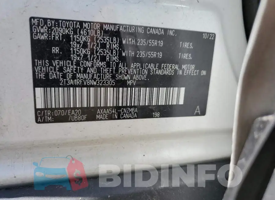 2T3A1RFV8NW323305 Photo# 13