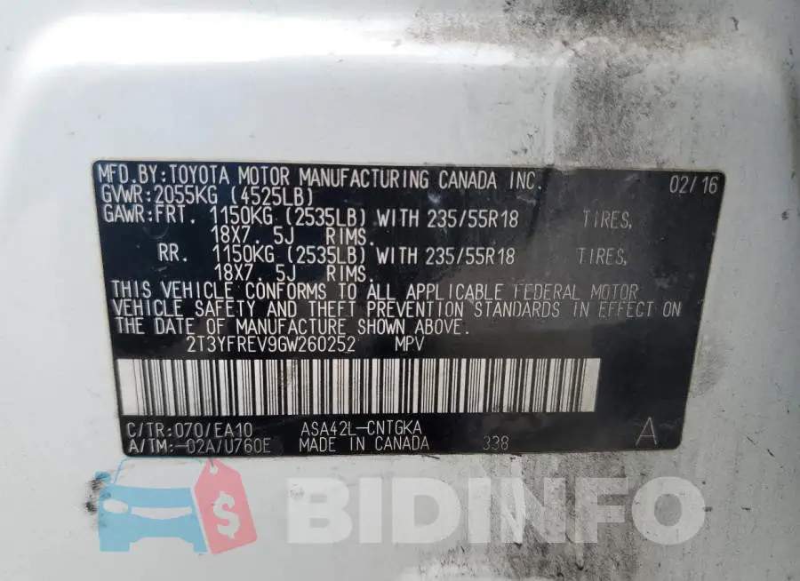 2T3YFREV9GW260252 Photo# 13