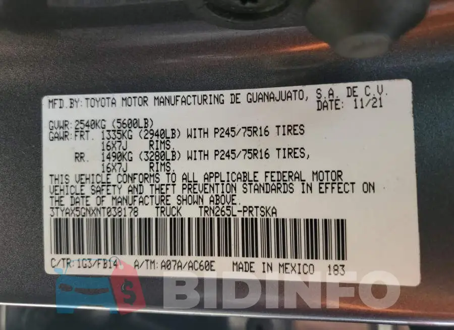 3TYAX5GNXNT038178 Photo# 12