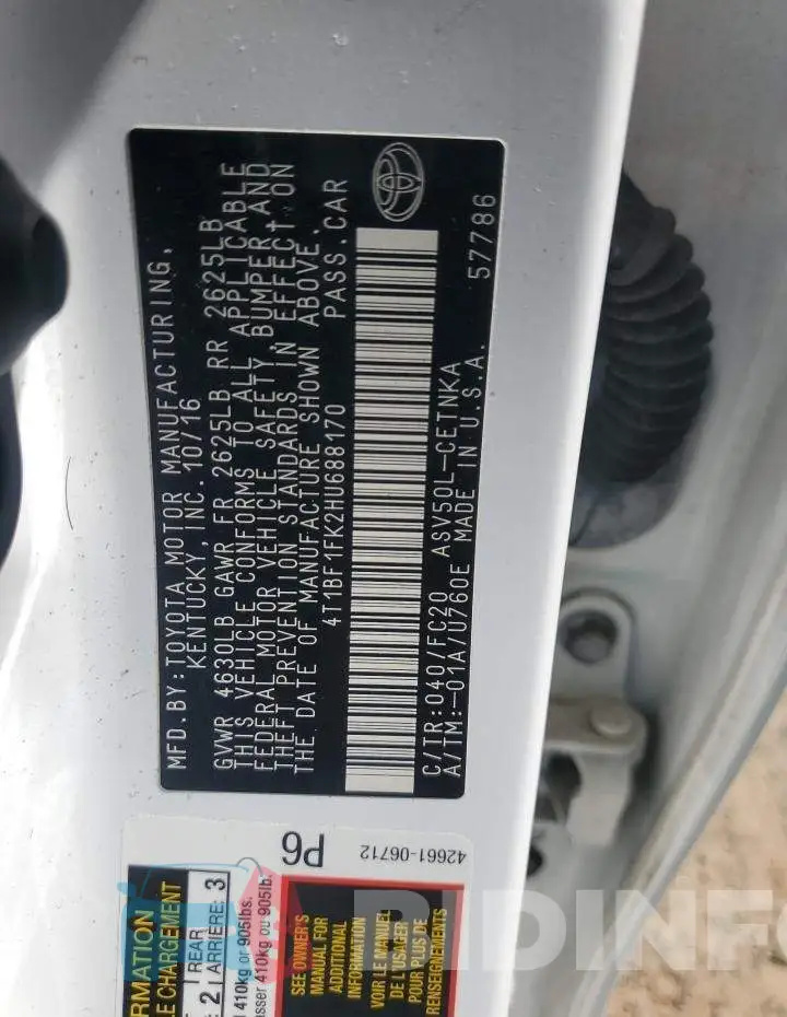 4T1BF1FK2HU688170 Photo# 12