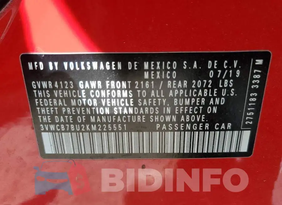 3VWCB7BU2KM225551 Photo# 12