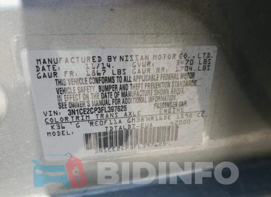 3N1CE2CP3FL397625 Photo# 12