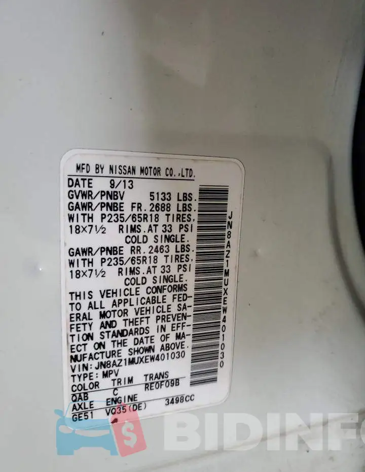 JN8AZ1MUXEW401030 Photo# 13