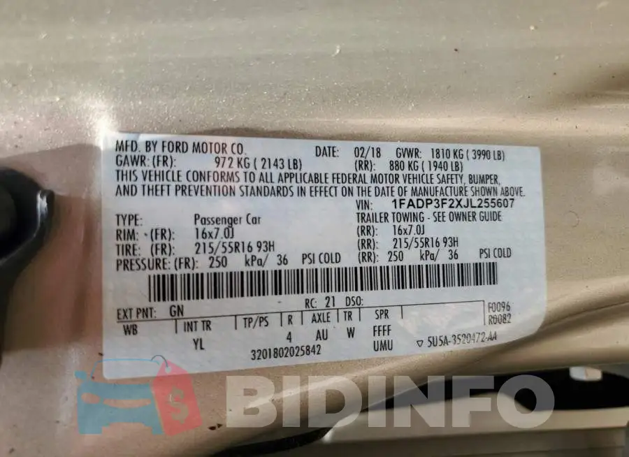 1FADP3F2XJL255607 Photo# 12