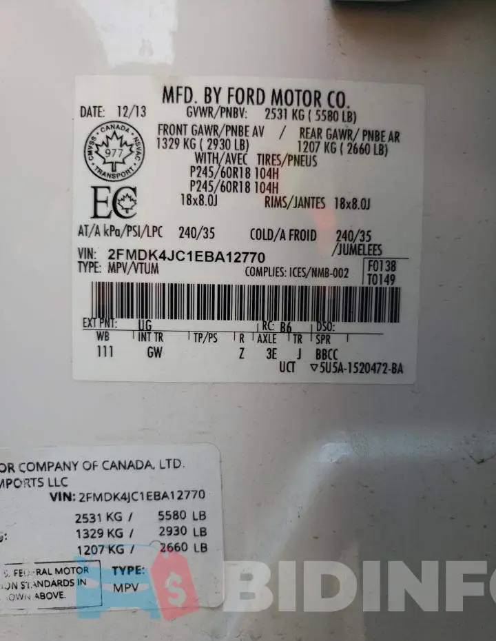 2FMDK4JC1EBA12770 Photo# 14
