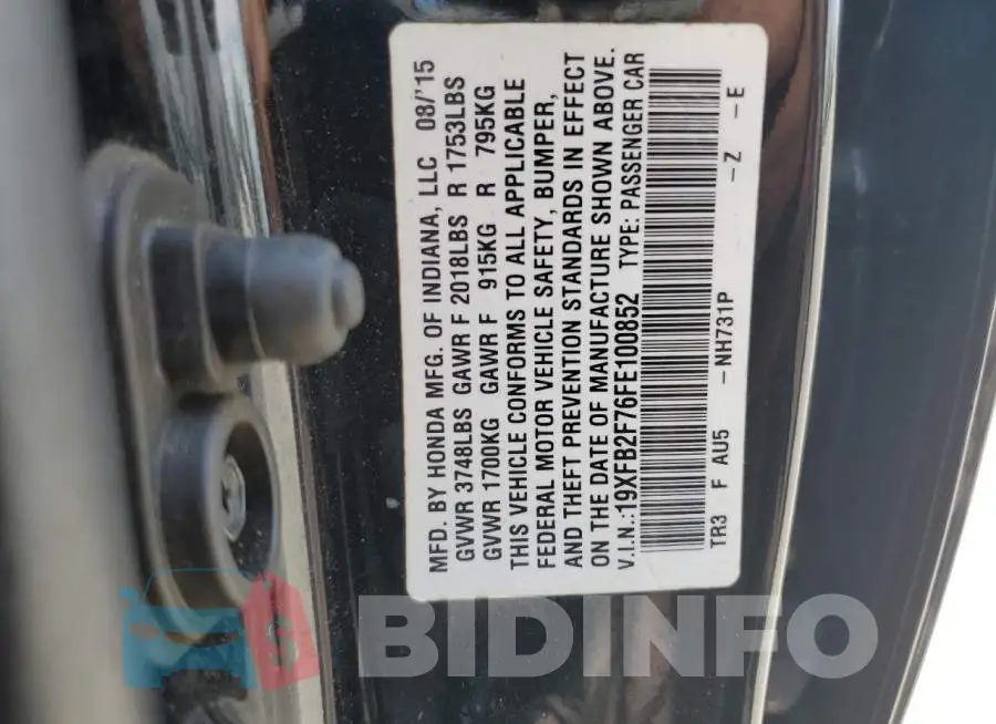 19XFB2F76FE100852 Photo# 12