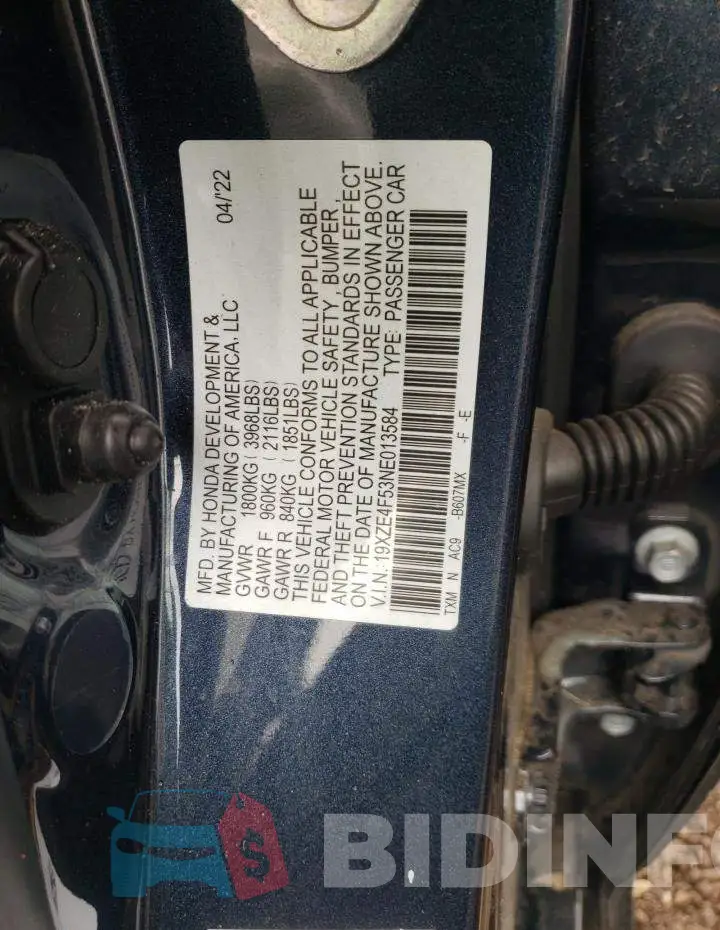 19XZE4F53NE013584 Photo# 13