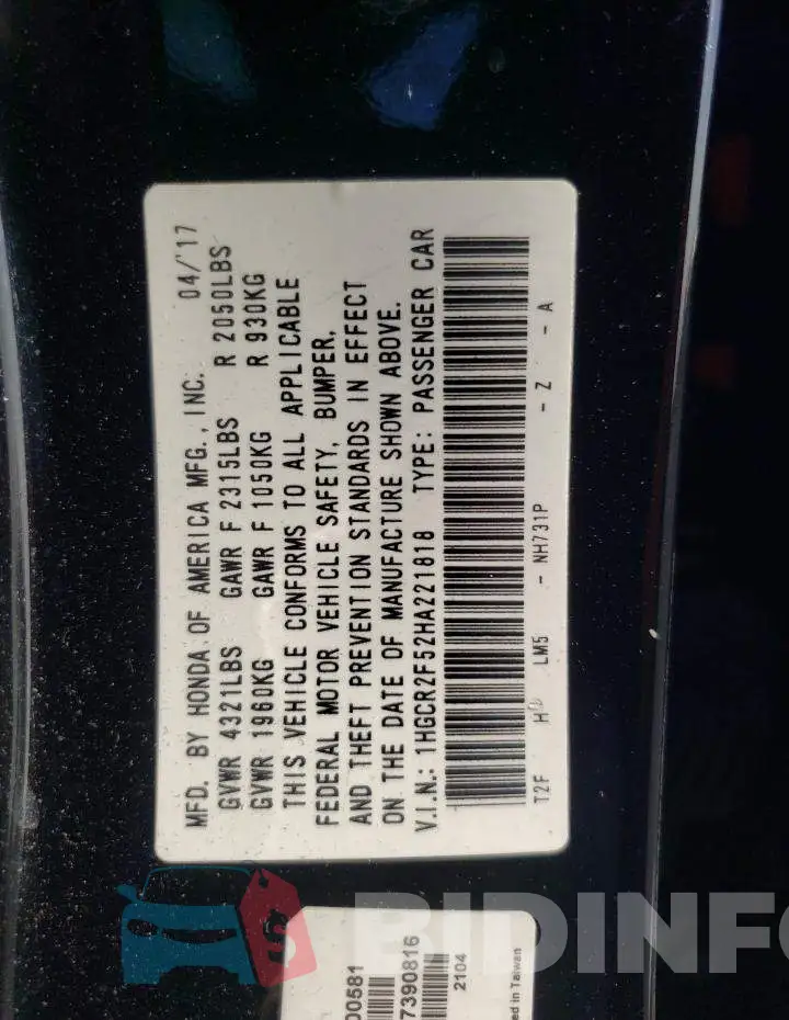 1HGCR2F52HA221818 Photo# 12