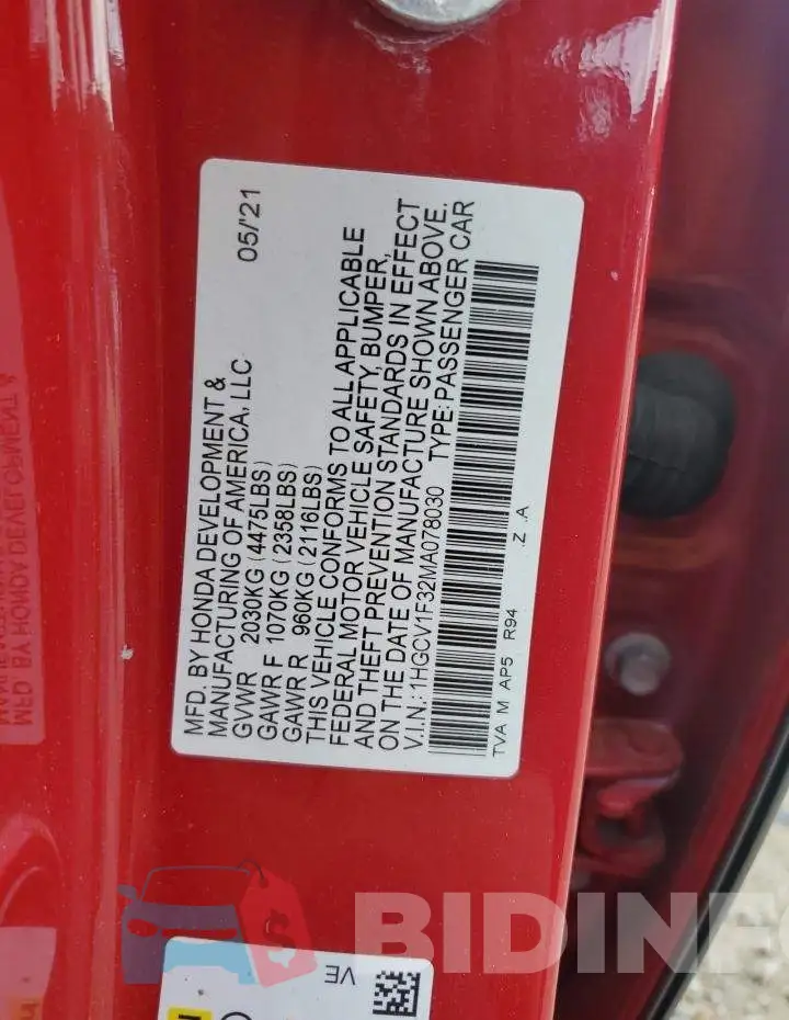 1HGCV1F32MA078030 Photo# 12