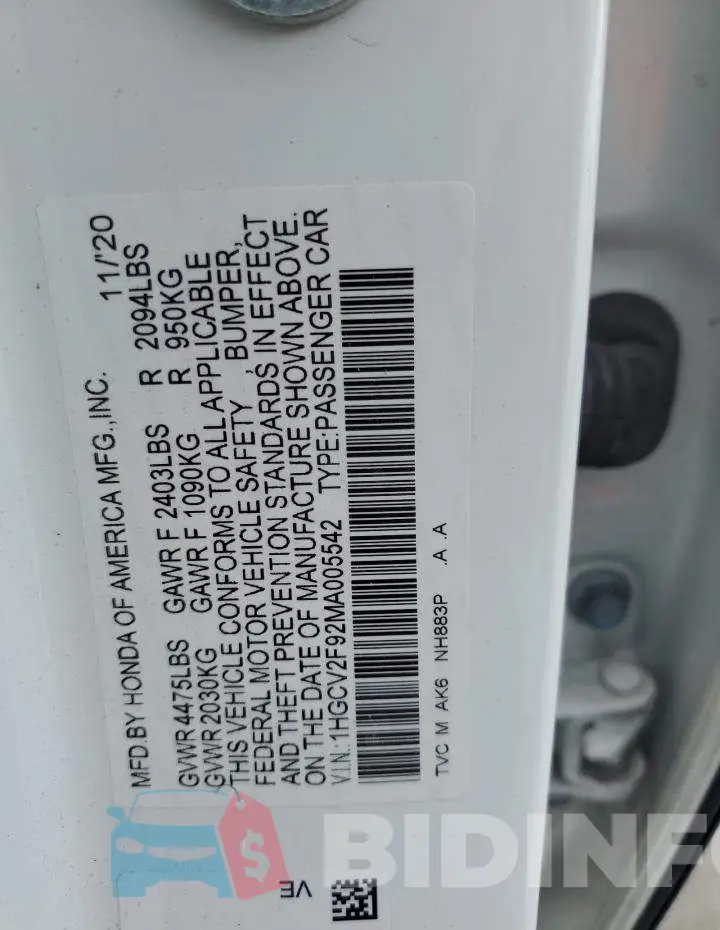 1HGCV2F92MA005542 Photo# 13