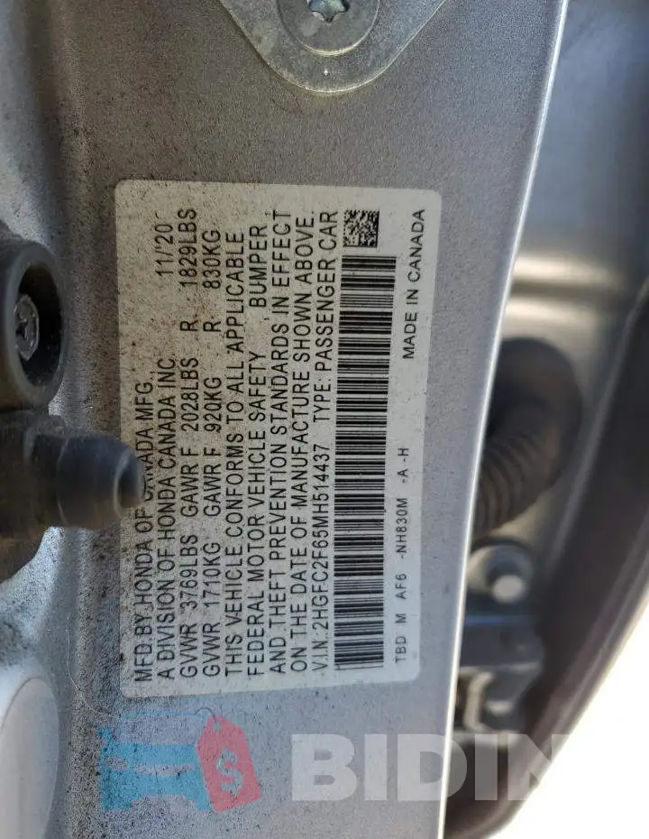 2HGFC2F65MH514437 Photo# 12