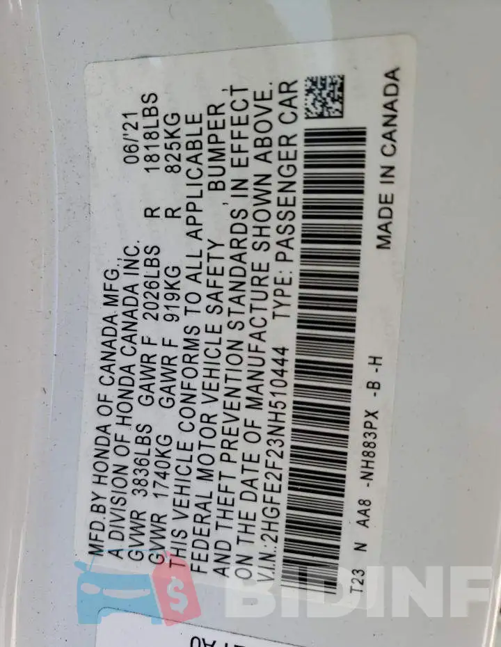 2HGFE2F23NH510444 Photo# 12