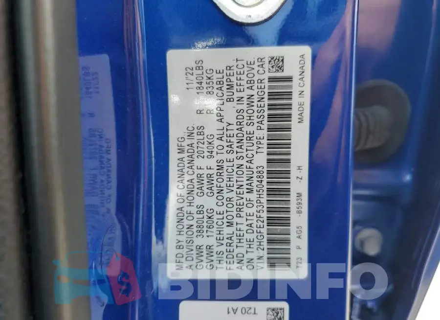 2HGFE2F53PH504883 Photo# 13