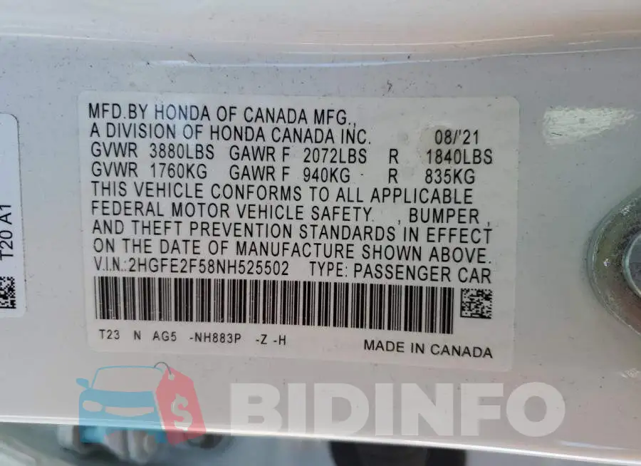 2HGFE2F58NH525502 Photo# 12