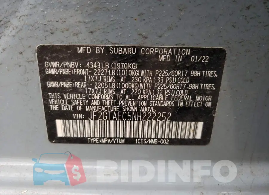 JF2GTAEC5NH222252 Photo# 12