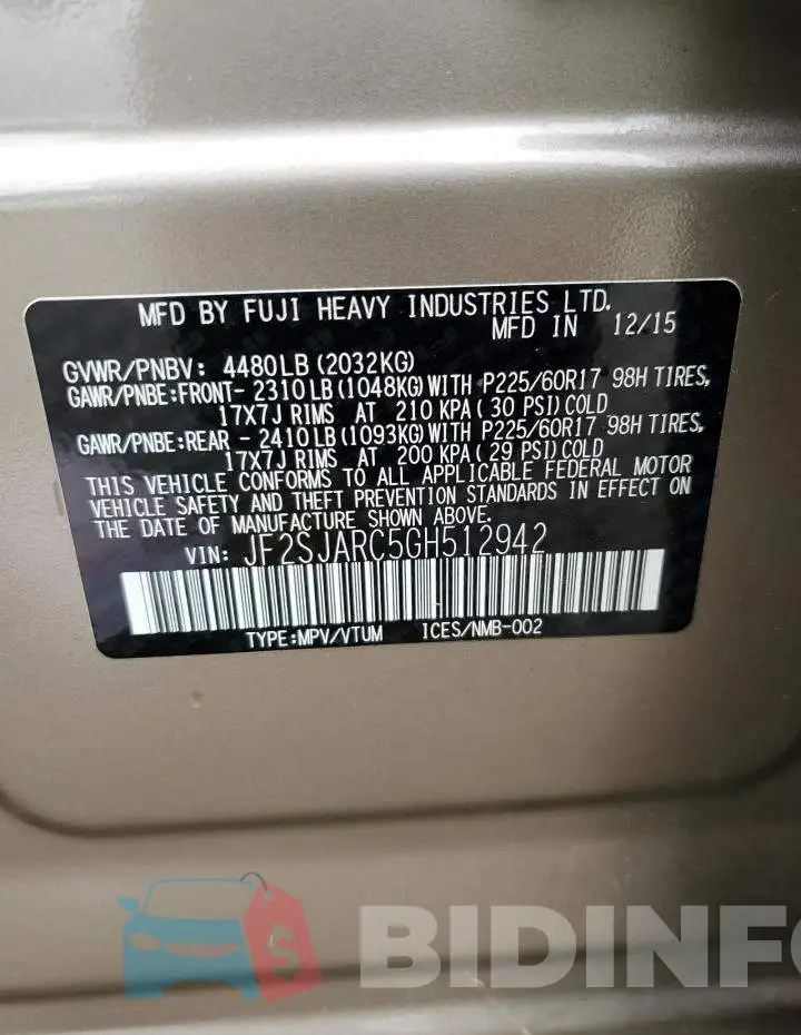 JF2SJARC5GH512942 Photo# 13