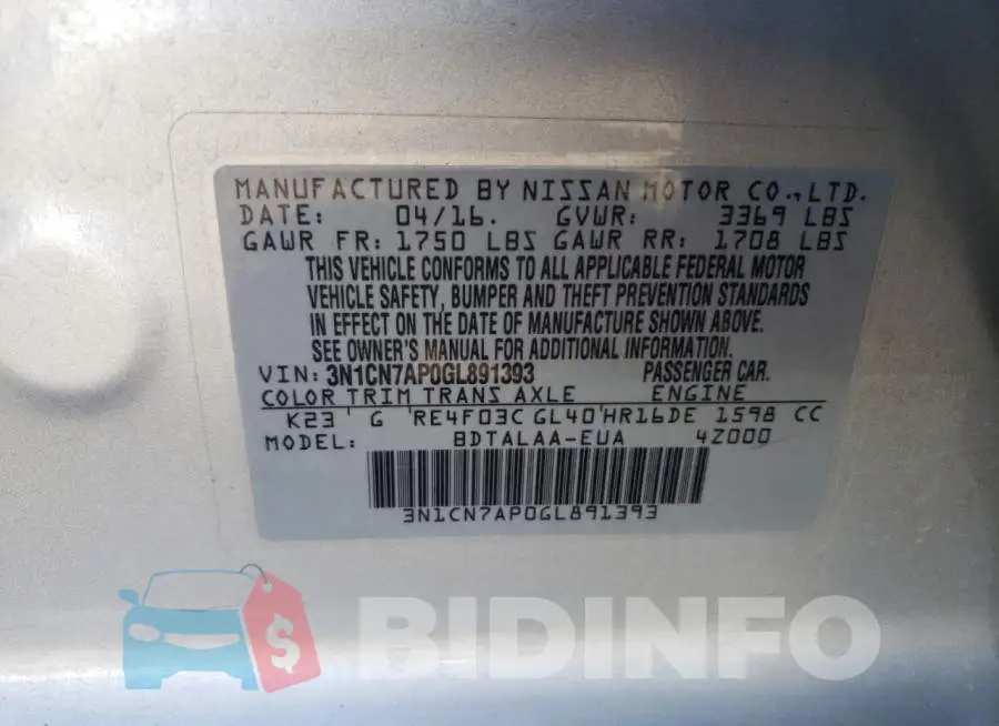 3N1CN7AP0GL891393 Photo# 13