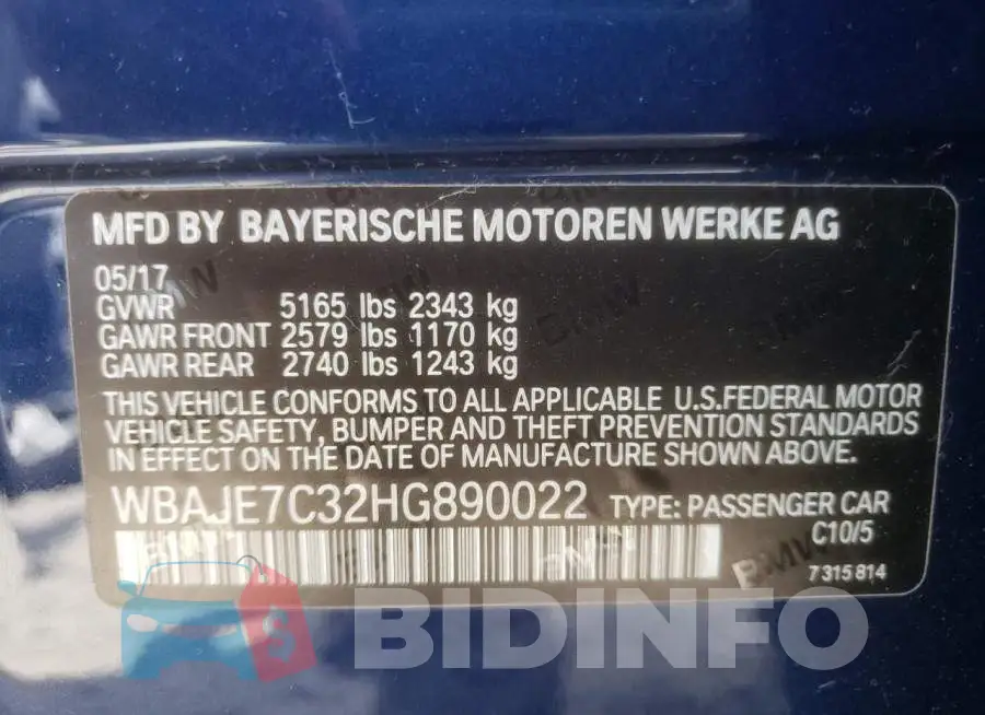 WBAJE7C32HG890022 Photo# 13