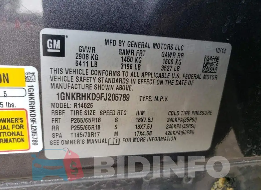 1GNKRHKD9FJ205789 Photo# 13