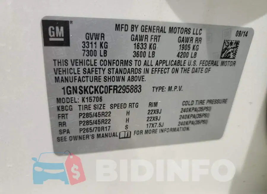 1GNSKCKC0FR295883 Photo# 13