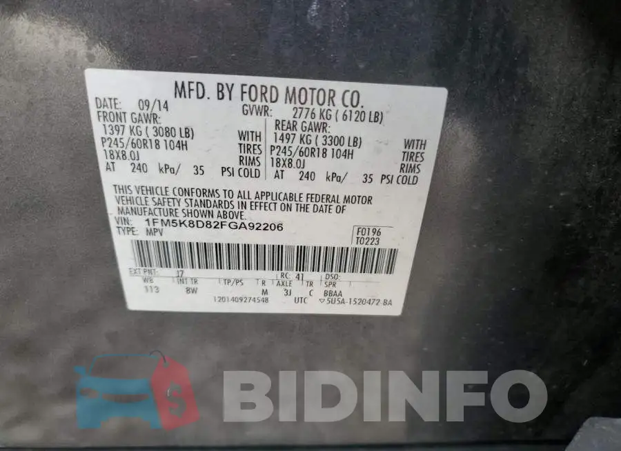 1FM5K8D82FGA92206 Photo# 12