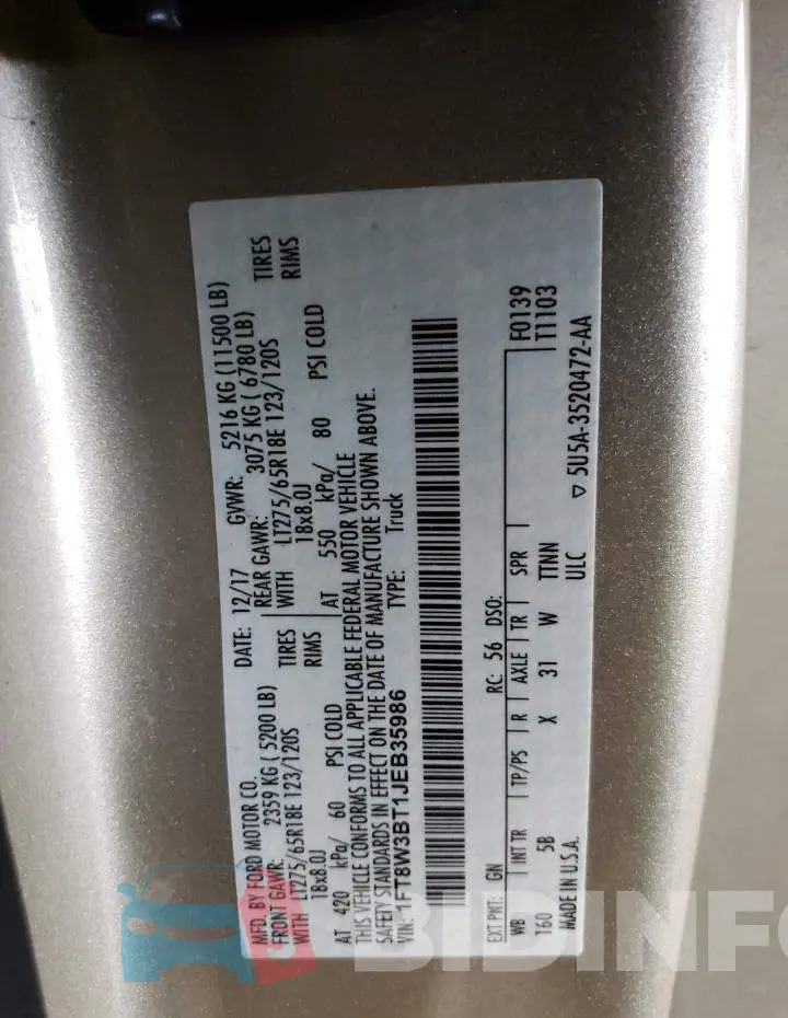 1FT8W3BT1JEB35986 Photo# 12