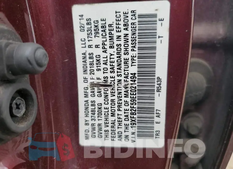 19XFB2F59EE021494 Photo# 12
