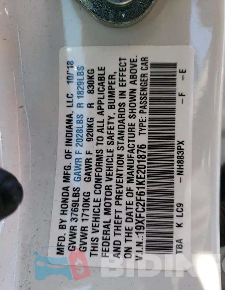19XFC2F61KE201876 Photo# 13