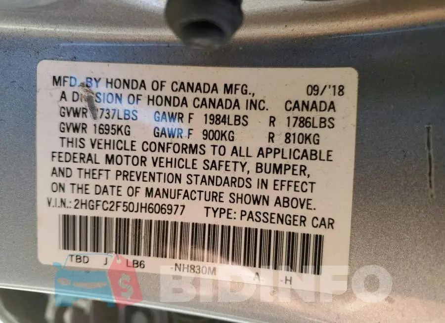 2HGFC2F50JH606977 Photo# 12