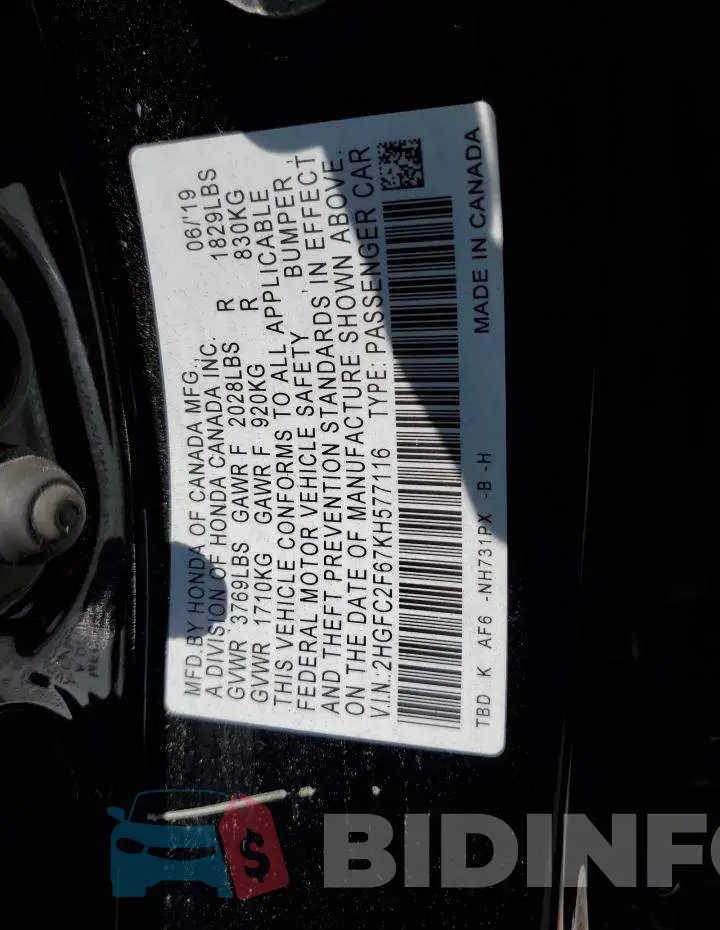 2HGFC2F67KH577116 Photo# 12