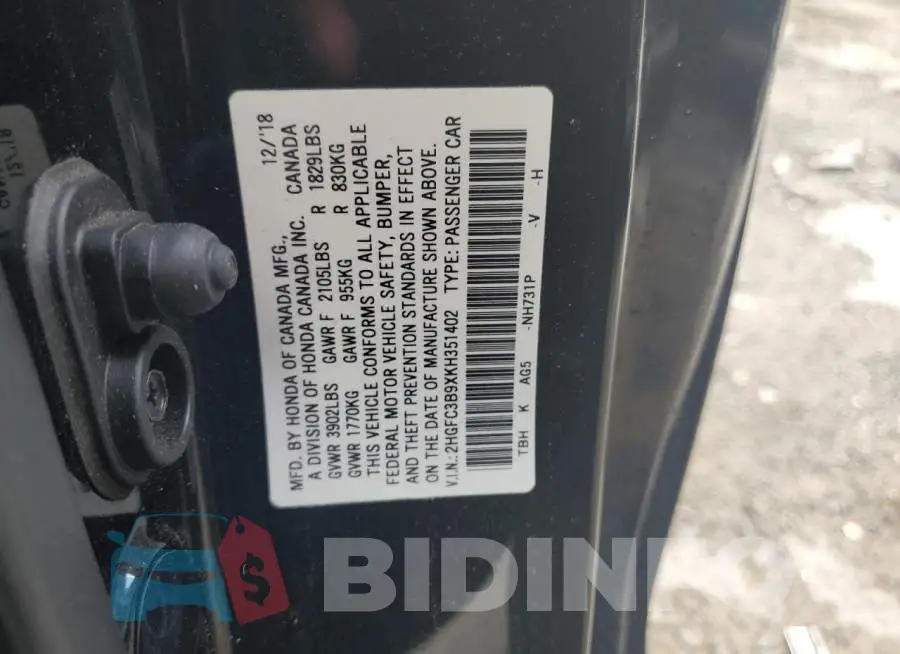 2HGFC3B9XKH351402 Photo# 12