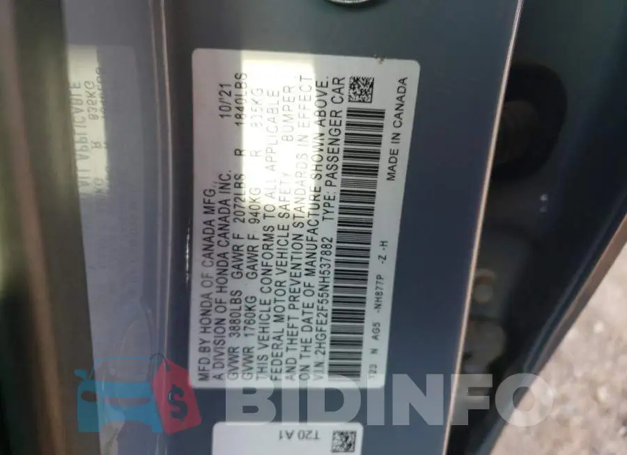 2HGFE2F55NH537882 Photo# 12