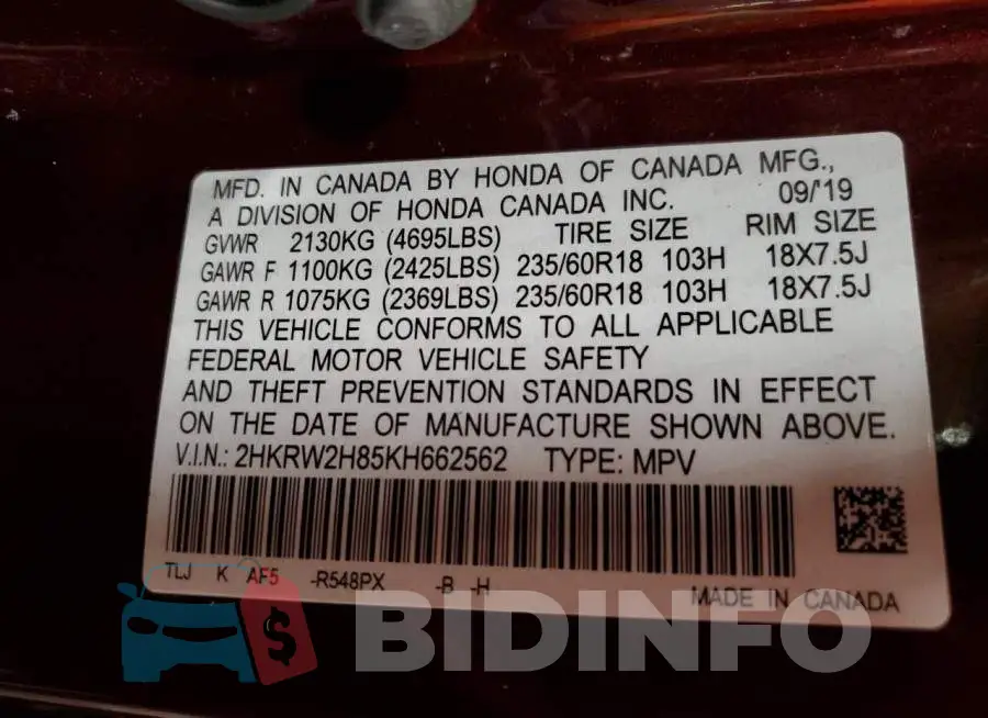 2HKRW2H85KH662562 Photo# 13