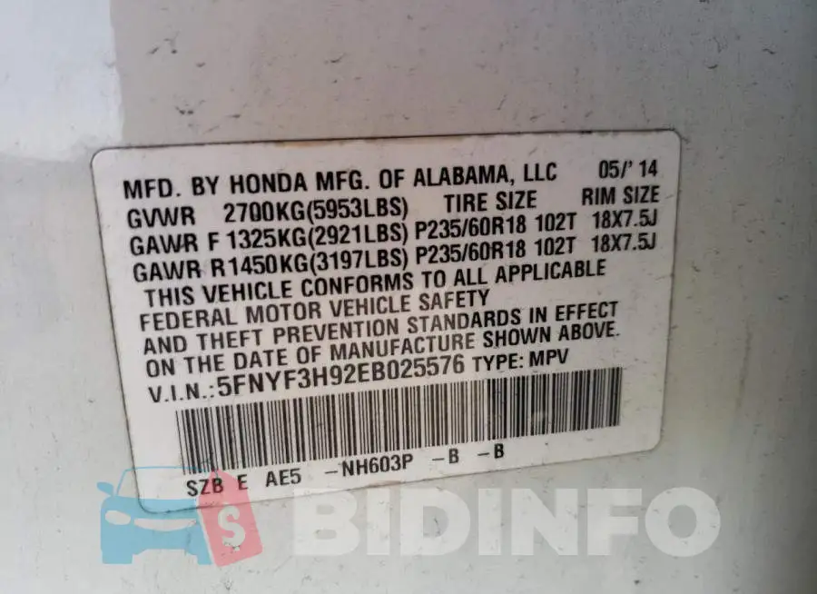 5FNYF3H92EB025576 Photo# 13