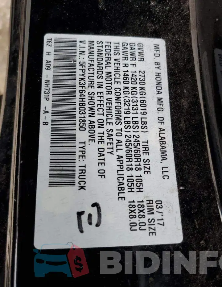 5FPYK3F64HB031850 Photo# 12